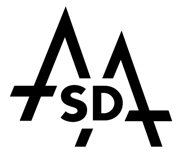 a black and white logo with the letter s d